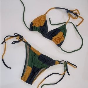 Triangle two piece green, blue and yellow bikini